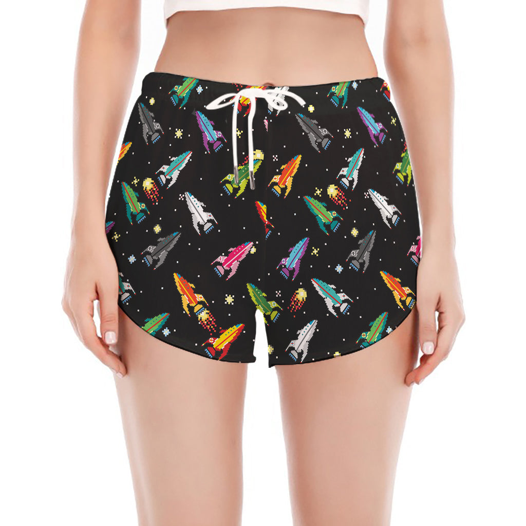 Pixel Spaceships Pattern Print Women's Split Running Shorts