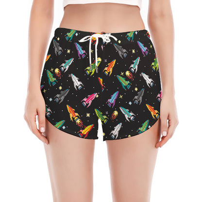 Pixel Spaceships Pattern Print Women's Split Running Shorts