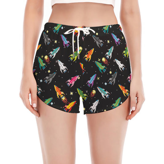 Pixel Spaceships Pattern Print Women's Split Running Shorts