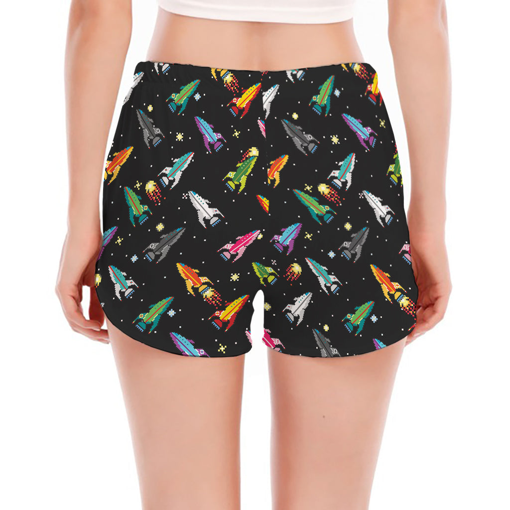 Pixel Spaceships Pattern Print Women's Split Running Shorts