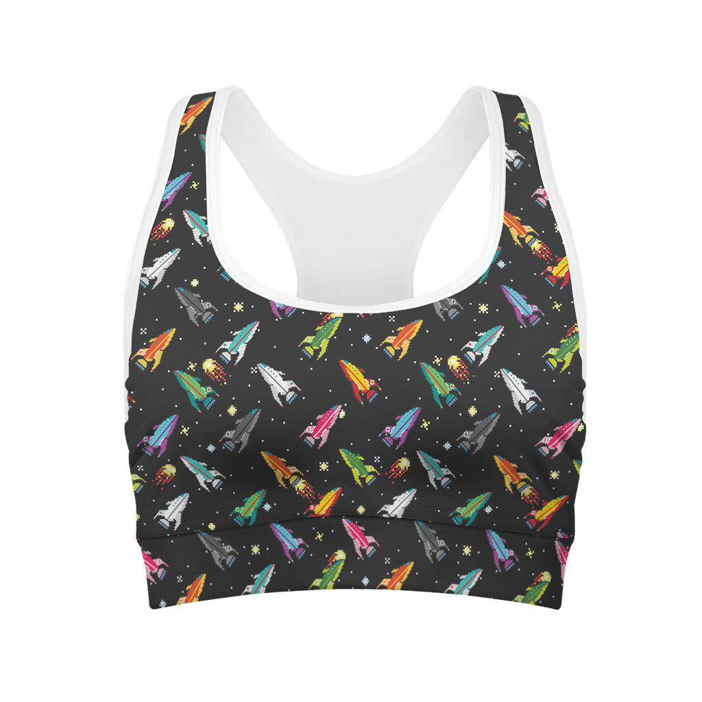 Pixel Spaceships Pattern Print Women's Sports Bra
