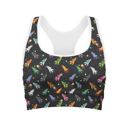 Pixel Spaceships Pattern Print Women's Sports Bra