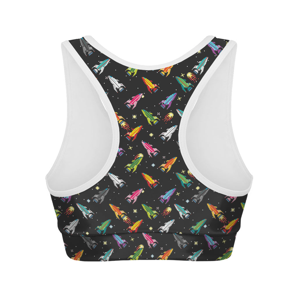 Pixel Spaceships Pattern Print Women's Sports Bra