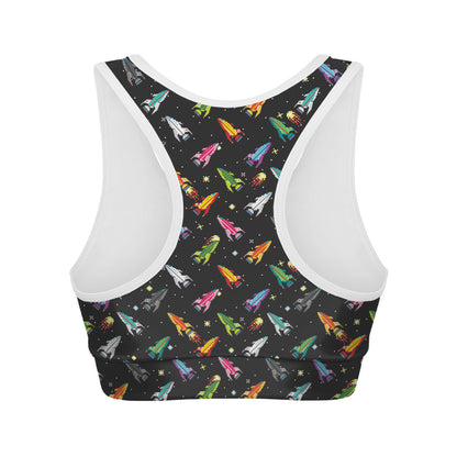 Pixel Spaceships Pattern Print Women's Sports Bra
