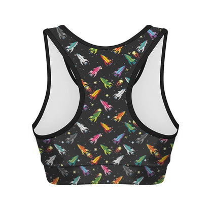 Pixel Spaceships Pattern Print Women's Sports Bra