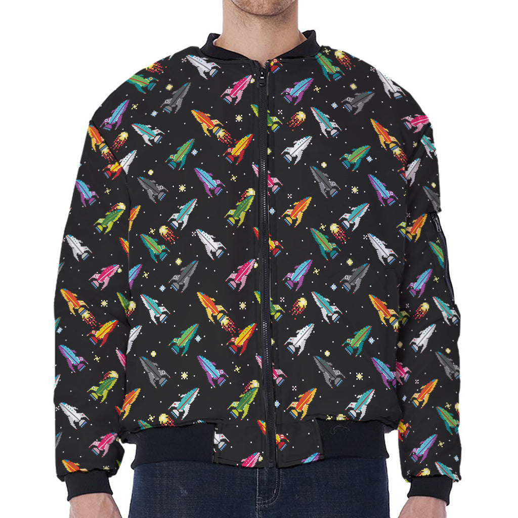 Pixel Spaceships Pattern Print Zip Sleeve Bomber Jacket