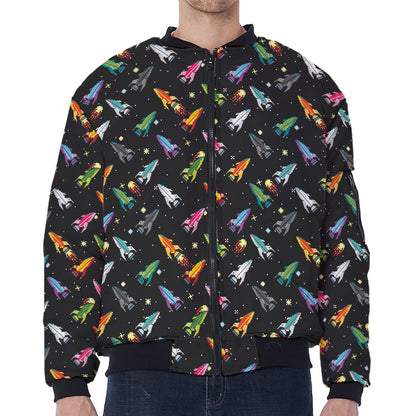 Pixel Spaceships Pattern Print Zip Sleeve Bomber Jacket