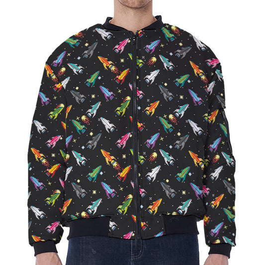 Pixel Spaceships Pattern Print Zip Sleeve Bomber Jacket