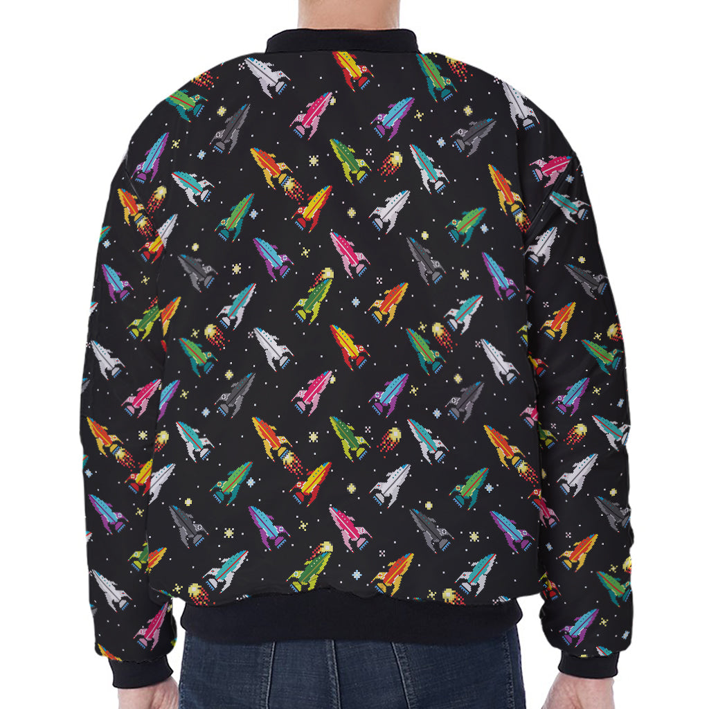 Pixel Spaceships Pattern Print Zip Sleeve Bomber Jacket