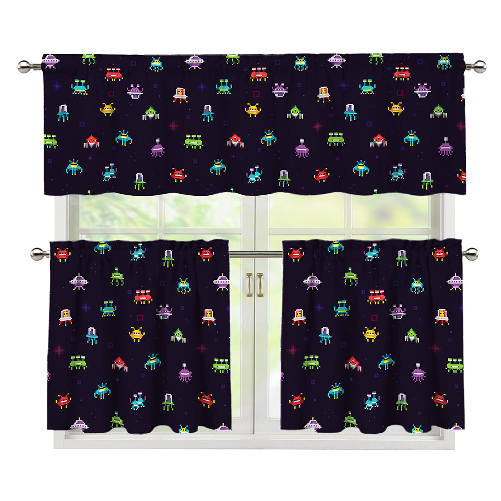 Pixel UFO Aliens Pattern Print 3 Piece Kitchen Curtains