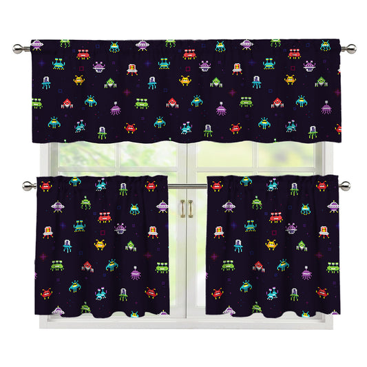 Pixel UFO Aliens Pattern Print 3 Piece Kitchen Curtains
