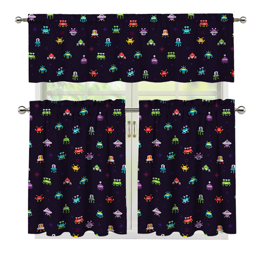 Pixel UFO Aliens Pattern Print 3 Piece Kitchen Curtains