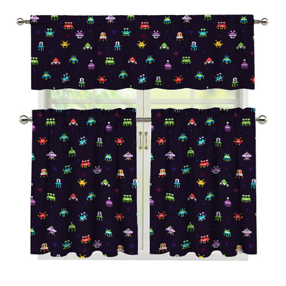 Pixel UFO Aliens Pattern Print 3 Piece Kitchen Curtains
