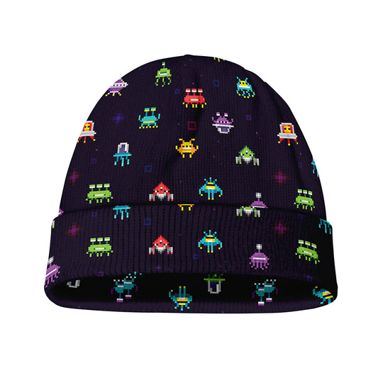 Pixel UFO Aliens Pattern Print Beanie