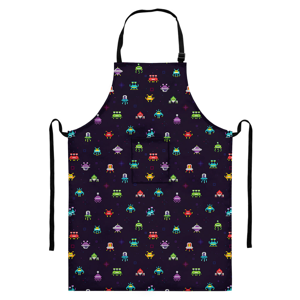 Pixel UFO Aliens Pattern Print Bib Apron With Pocket