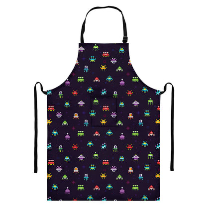 Pixel UFO Aliens Pattern Print Bib Apron With Pocket
