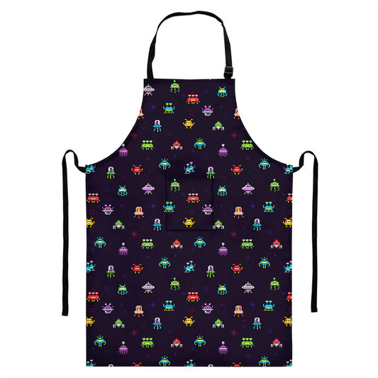 Pixel UFO Aliens Pattern Print Bib Apron With Pocket