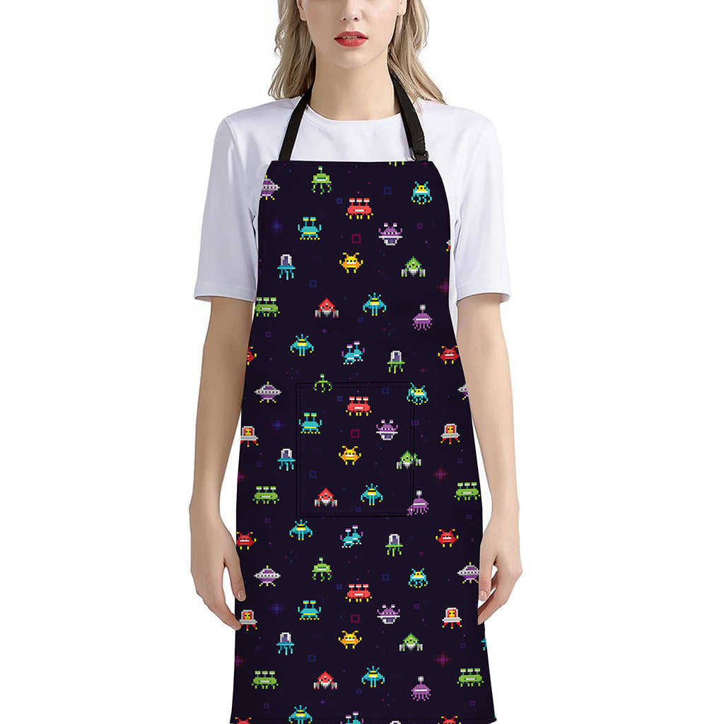Pixel UFO Aliens Pattern Print Bib Apron With Pocket