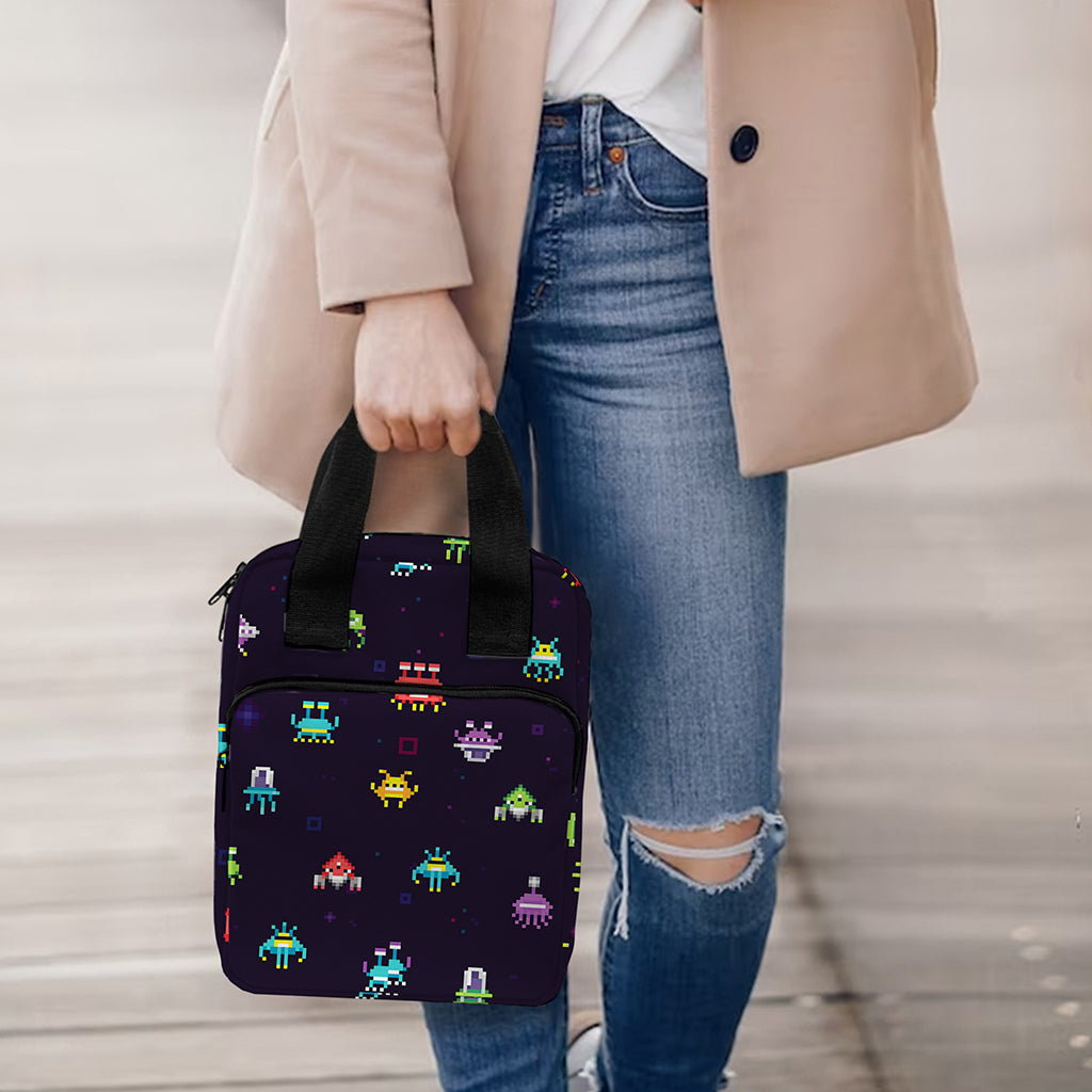 Pixel UFO Aliens Pattern Print Bible Tote Bag