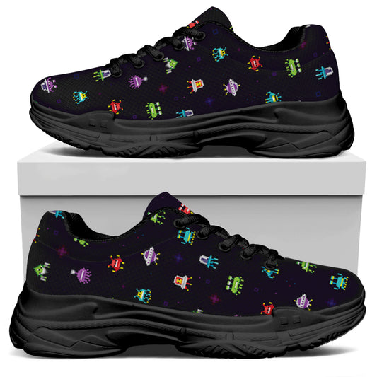 Pixel UFO Aliens Pattern Print Black Chunky Shoes