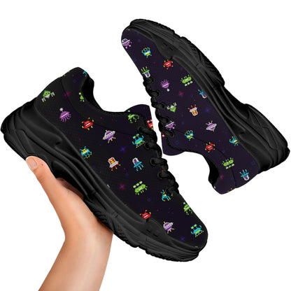 Pixel UFO Aliens Pattern Print Black Chunky Shoes