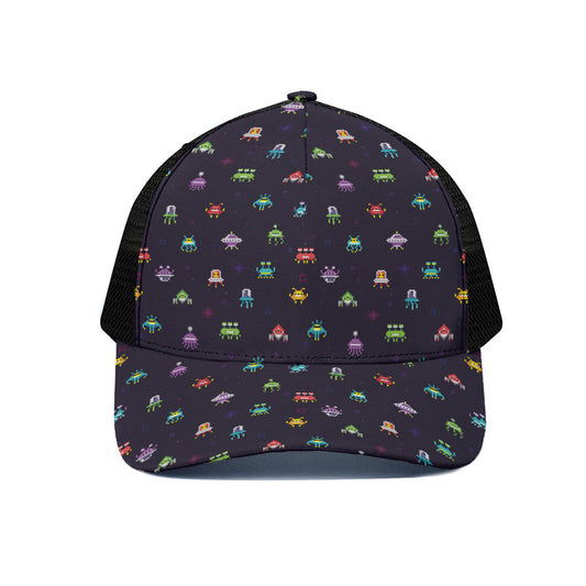 Pixel UFO Aliens Pattern Print Black Mesh Trucker Cap