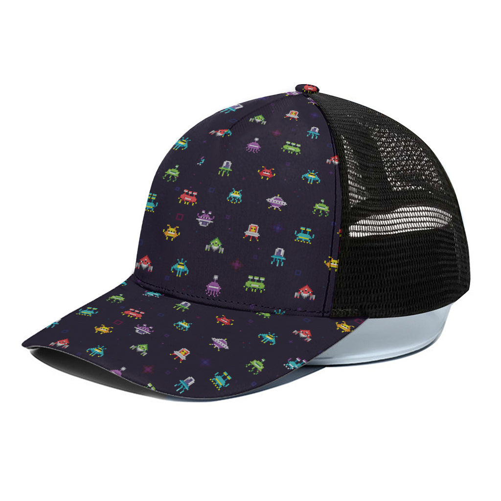 Pixel UFO Aliens Pattern Print Black Mesh Trucker Cap