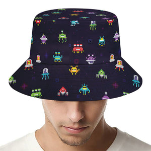 Pixel UFO Aliens Pattern Print Bucket Hat