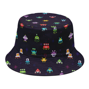 Pixel UFO Aliens Pattern Print Bucket Hat