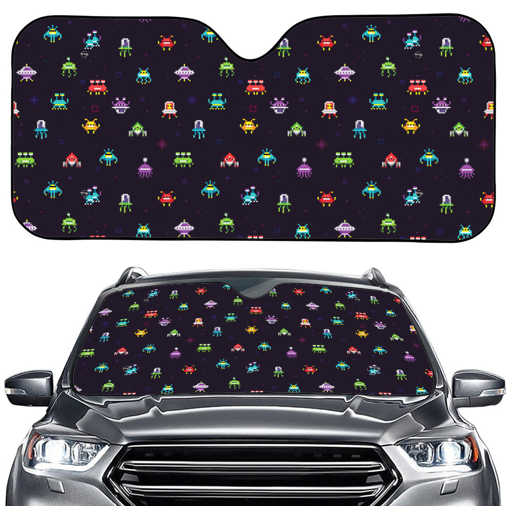 Pixel UFO Aliens Pattern Print Car Windshield Sun Shade