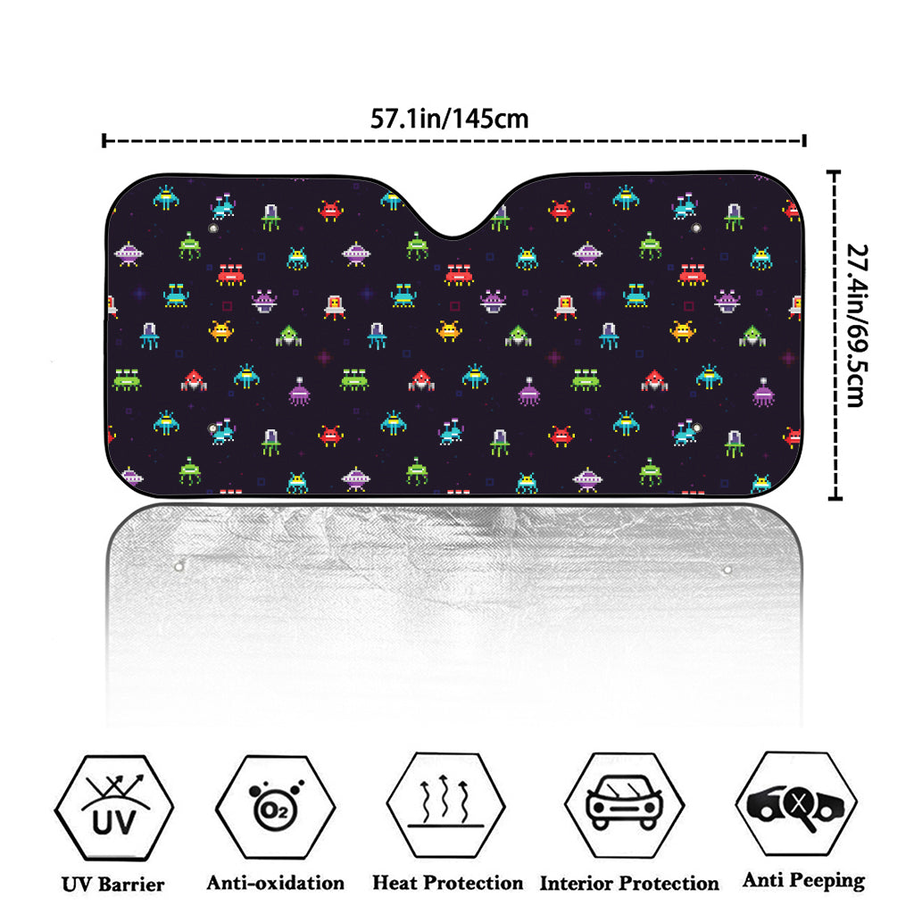 Pixel UFO Aliens Pattern Print Car Windshield Sun Shade