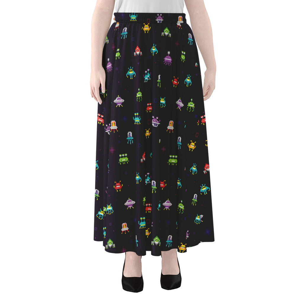 Pixel UFO Aliens Pattern Print Chiffon Maxi Skirt