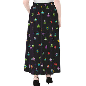 Pixel UFO Aliens Pattern Print Chiffon Maxi Skirt