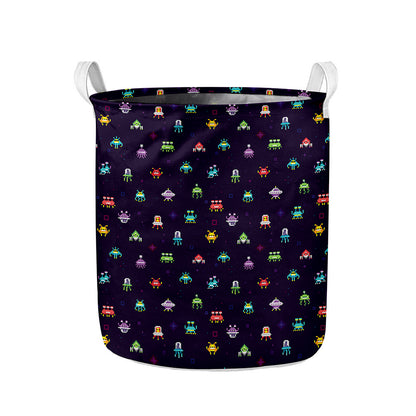 Pixel UFO Aliens Pattern Print Collapsible Laundry Basket