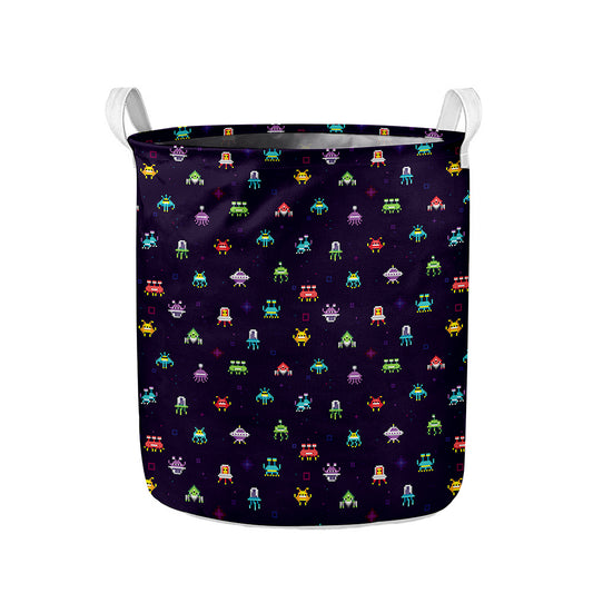 Pixel UFO Aliens Pattern Print Collapsible Laundry Basket