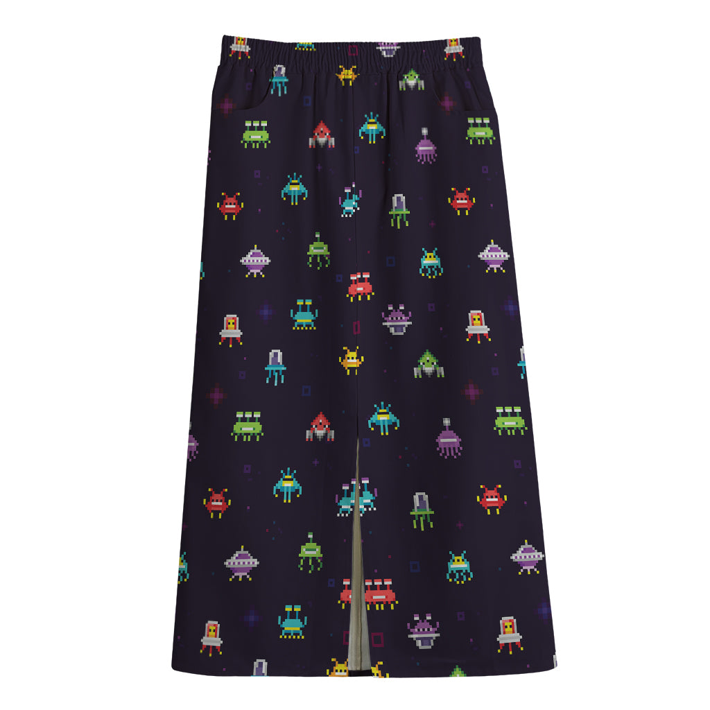 Pixel UFO Aliens Pattern Print Cotton Front Slit Maxi Skirt