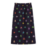 Pixel UFO Aliens Pattern Print Cotton Front Slit Maxi Skirt