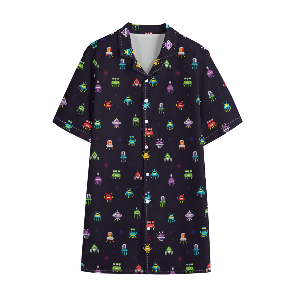 Pixel UFO Aliens Pattern Print Cotton Hawaiian Shirt