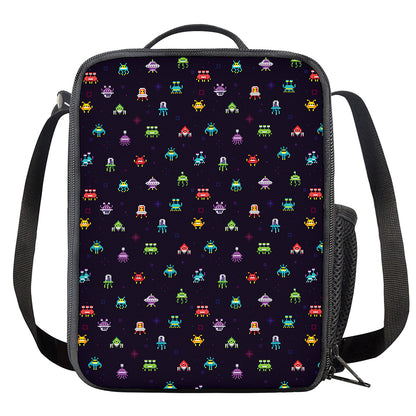 Pixel UFO Aliens Pattern Print Crossbody Lunch Bag