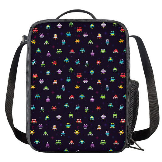Pixel UFO Aliens Pattern Print Crossbody Lunch Bag