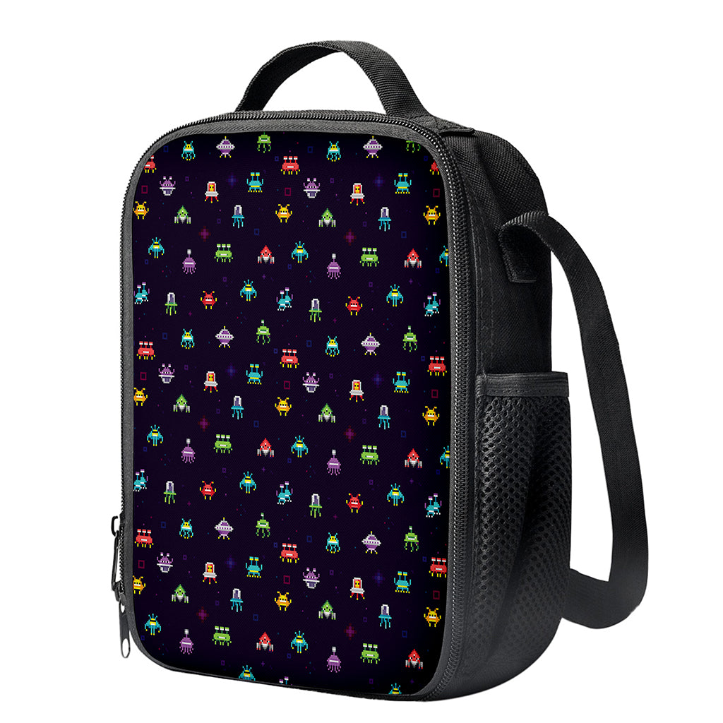 Pixel UFO Aliens Pattern Print Crossbody Lunch Bag