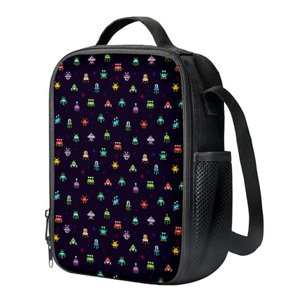 Pixel UFO Aliens Pattern Print Crossbody Lunch Bag