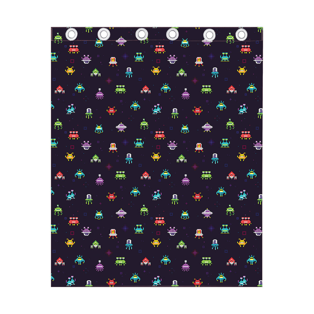 Pixel UFO Aliens Pattern Print Curtain