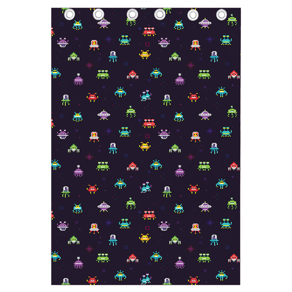 Pixel UFO Aliens Pattern Print Curtain