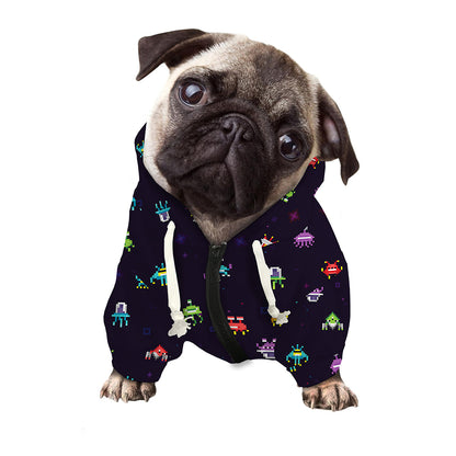 Pixel UFO Aliens Pattern Print Dog Zip Up Hoodie
