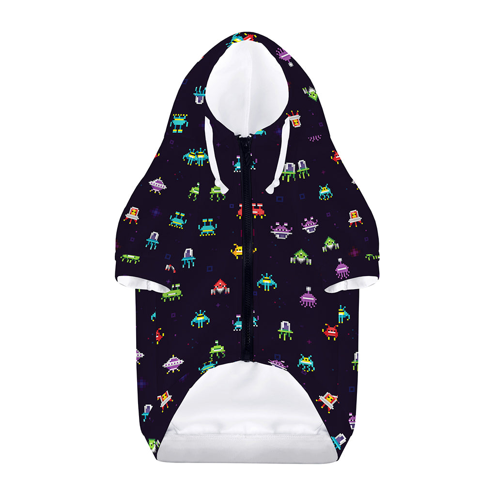 Pixel UFO Aliens Pattern Print Dog Zip Up Hoodie