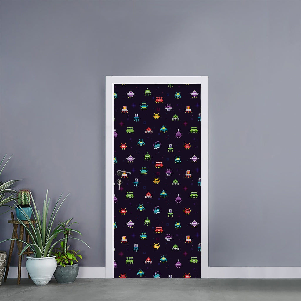 Pixel UFO Aliens Pattern Print Door Sticker