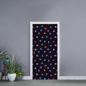 Pixel UFO Aliens Pattern Print Door Sticker