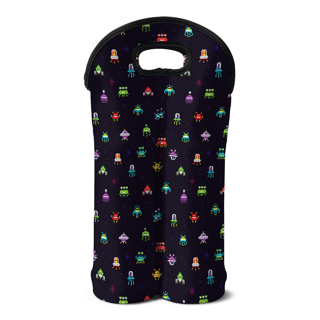 Pixel UFO Aliens Pattern Print Double Neoprene Wine Tote