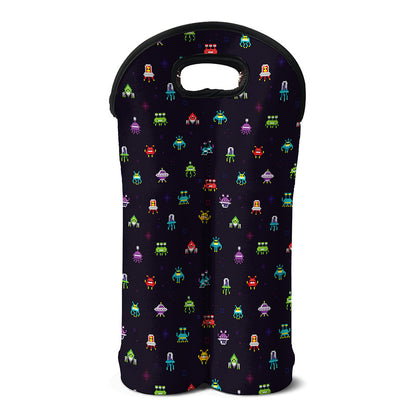 Pixel UFO Aliens Pattern Print Double Neoprene Wine Tote